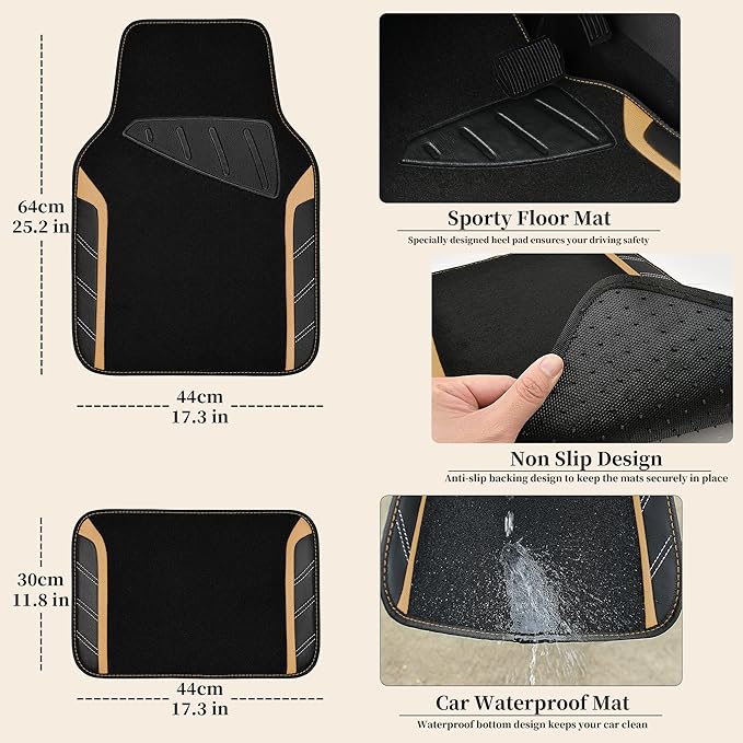 CAR PASS Microfiber Steering Wheel Cover and Waterproof Car Floor Mats,Leather Universal Car Combo Fit for 95% Truck,SUV,Cars,14.5-15inch Sporty Anti-Slip Safety Comfortable Design(Black and Beige)
