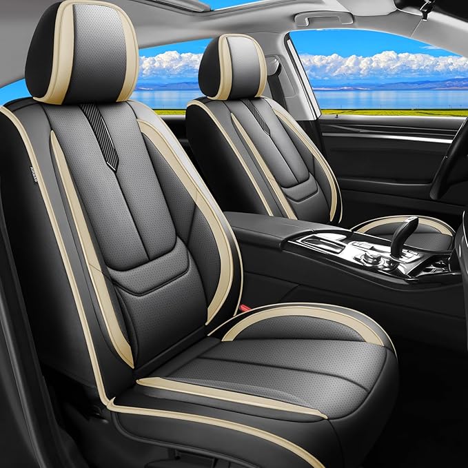 Fit Elantra Car Seat Covers for Hyundai Elantra 2017-2024 2025 2026 -Upgraded Premium Waterproof & Breathable Leather,Airbag Compatible,All-Weather Seat Cushion Protector,2 Front/Black-Beige