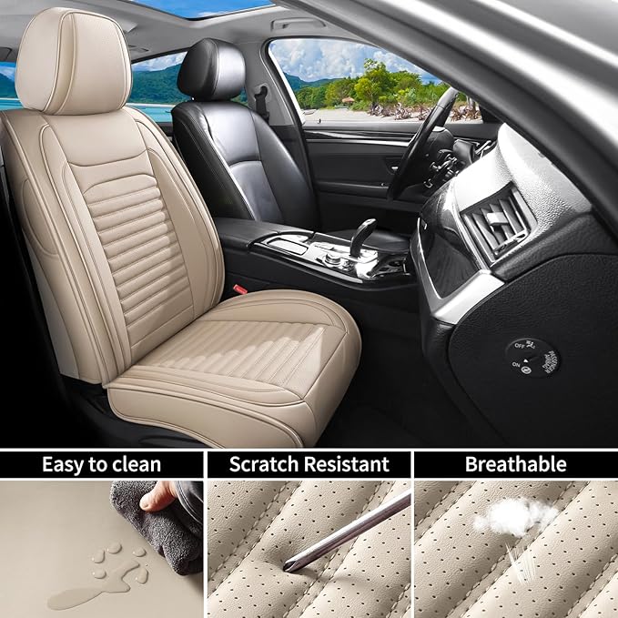 Truck Seat Covers Full Set Fit for Toyota Tacoma 2001-2026, Premium Faux Leather Car Seat Protector,Breathable Anti-Slip Full Wrapping Edge Seat Covers(Beige,Full Set)