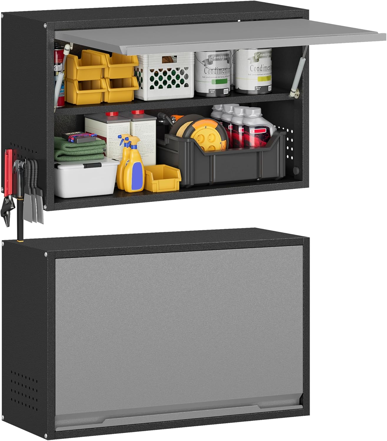 Metal Garage Wall Cabinet with Up-Flip Door, Float Tool Cabenit with Adjustable Shelf,Steel Wall-Mounted Storage Cabinet with Pegboard for Kitchen,Garage,Workshop,Warehouse(19.7"H,Black&Gray)