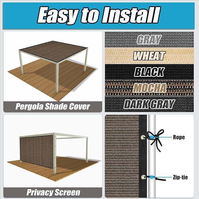 Amagenix 90% Shade Fabric 17'X 18' Mocha Sun Shade Cloth with Grommets for Pergola Replacement Shade Cover Canopy, Heavy Duty, Cable Zip Ties Included (We Customized)
