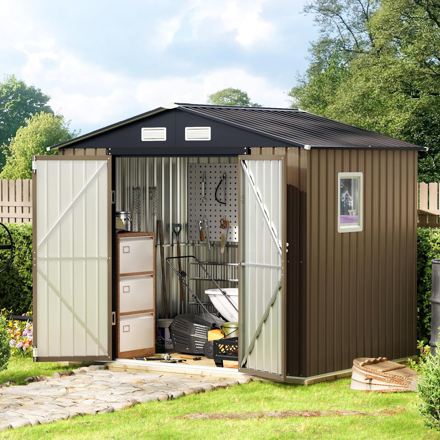 8X6FT Outdoor Steel Storage Shed with Lockable Doors, Frame Floor (No Wood/Other Boards),One Big Window,Ideal for Garden, Backyard, Patio Storage,Brown