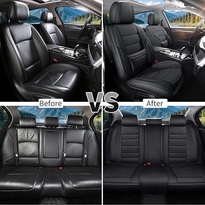 Car Seat Covers Full Set Custom Fit for Ford Focus 2000-2018 - Premium Faux Leather with Lumbar Support, Breathable, Anti-Slip & Full Wrapping Edge (Black,Full Set)