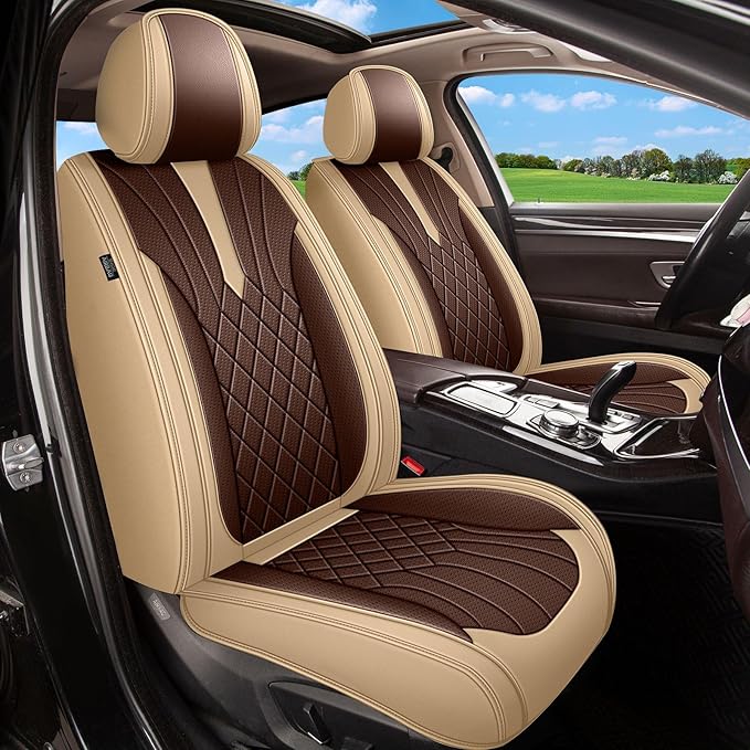 Breathable Car Seat Covers for Nissan Pathfinder 2011-2024 2025 2026, Front Seats, Perforated Leather, Seat Protector, Interior Trim for Nissan Pathfinder Accessories (Beige&Brown)
