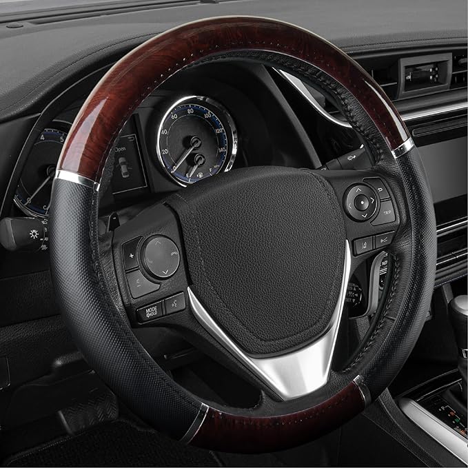 BDK Dark Wood Grain Car Steering Wheel Cover, Standard 15 inch with Black Faux Leather Grip, Made to Fit Most Auto Truck Van SUV