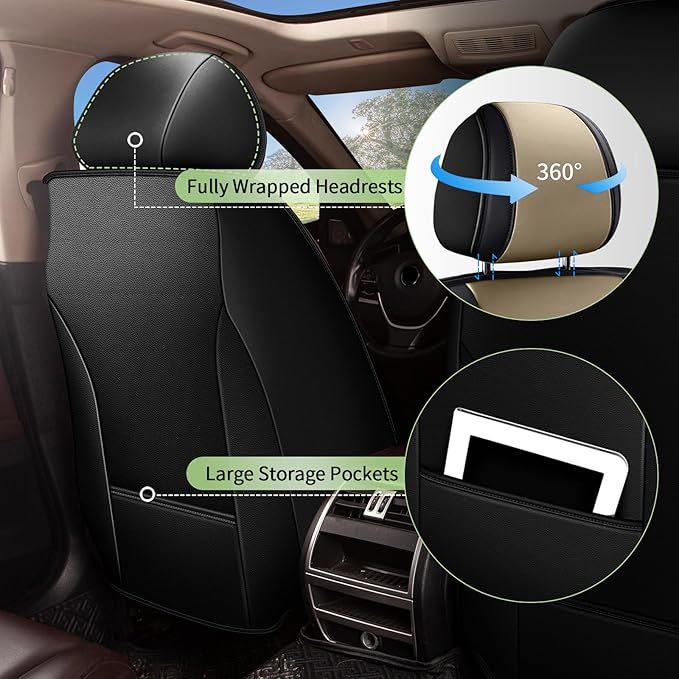 Car Seat Covers Front Seats for Toyota Prius 2003-2015 - Cooling Ice Silk Leather Seat Covers - Ventilated 2 Seats Vehicle Seat Cushion Protector Automotive Accessories (Black&Beige)
