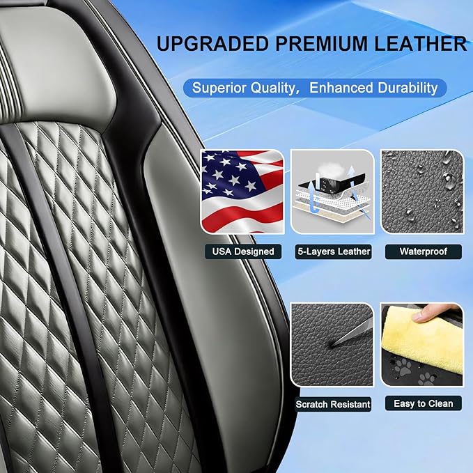 Car Seat Covers for Select Honda Fit 2007-2020, Premium Full Coverage Leather, Airbag Compatible& Scratch-Resistant, Waterproof & All Weather Breathable Seat Protector, Full Set, Black+Gray