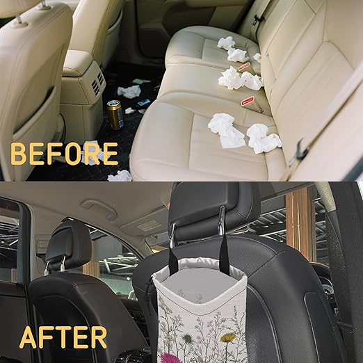 Wild Herb Flower Car Garbage Bag,Vintage Botanical Flowers Small Car Trash Bag Hanging Back of Seat,Drawstring Car Trash Bag with Adjustable Buckle,Car Accessories for Camping Travelling