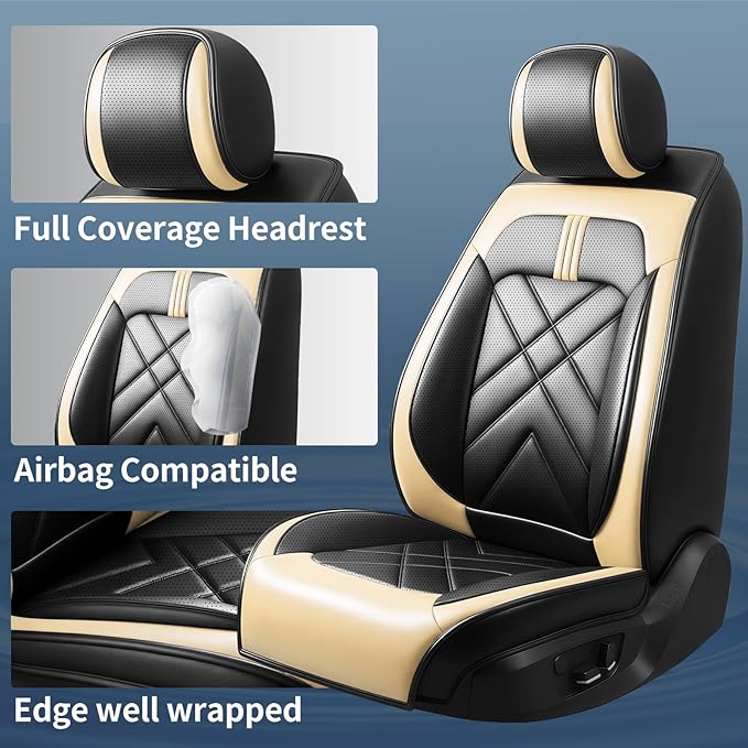 CX-3 Car Seat Covers Fit for Mazda CX-3 2016-2021, Full Coverage Premium Leather Waterproof Breathable Seat Covers, Automotive Seat Protectors, Airbag Compatible(2 Front Seats, Black Beige)