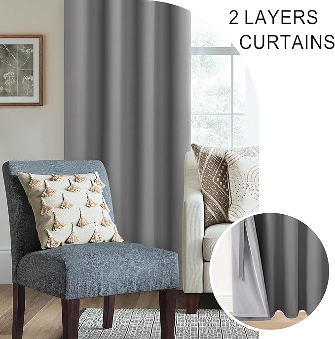 XWZO 100% Blackout Curtains with Tiebacks- 2 Thick Layers Completely Shaded Window Treatment Thermal Insulated Lined Drapes with Grommets for Bedroom/Laundry Room, Grey, W42 x L72, Set of 2