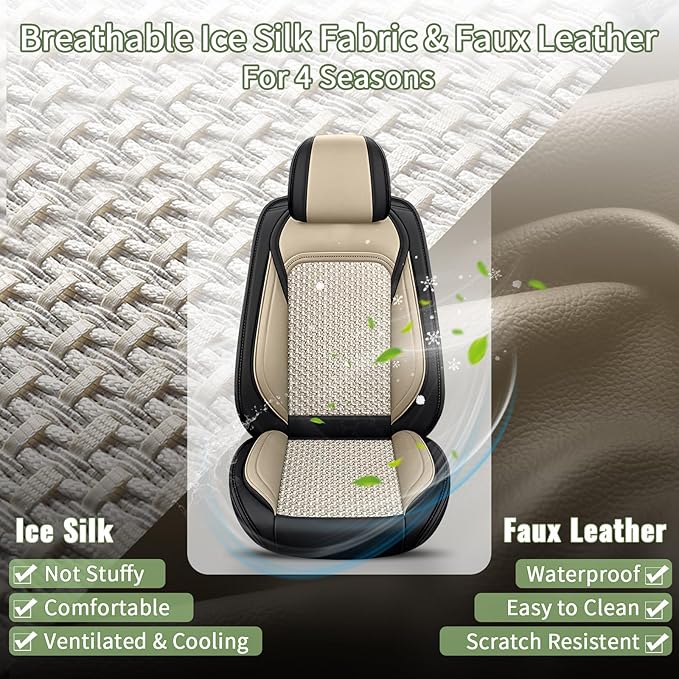 Car Seat Covers Full Set for Toyota Avalon 2001-2025 2026 - Breathable Cooling Ice Silk Leather Seat Cover - 5 Seats for Toyota Avalon Accessories (Black&Beige)