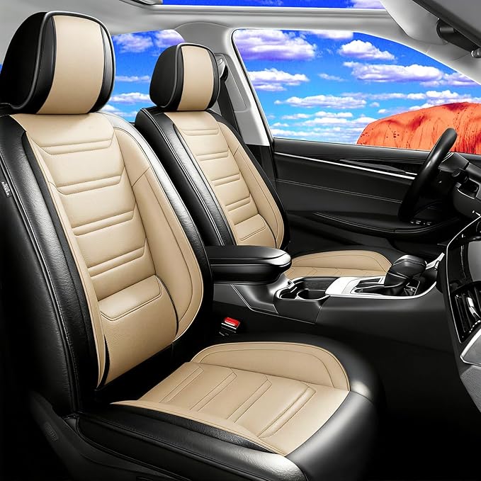 Fit Ridgeline Car Seat Covers for Select Honda Ridgeline 2007-2026 - Premium Full Coverage Leather, Airbag Compatible, Waterproof & All Weather Seat Cushion Protector, Full Set, Black+Beige