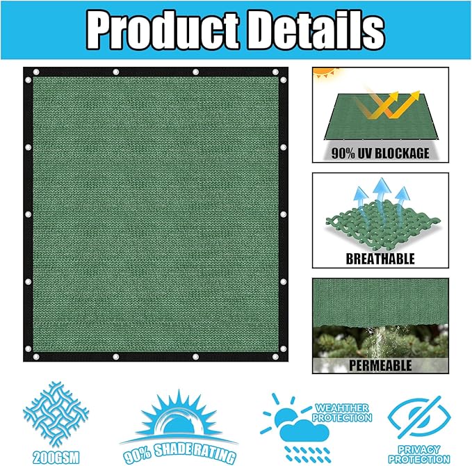 Amagenix 90% Pergola Shade Cover 4' X 7' Sun Shade Cloth with Grommets for Outdoor Garden Patio Porch, Commercial Grade 200 GSM - Cable Zip Ties Included (We Customized) GN108, Green