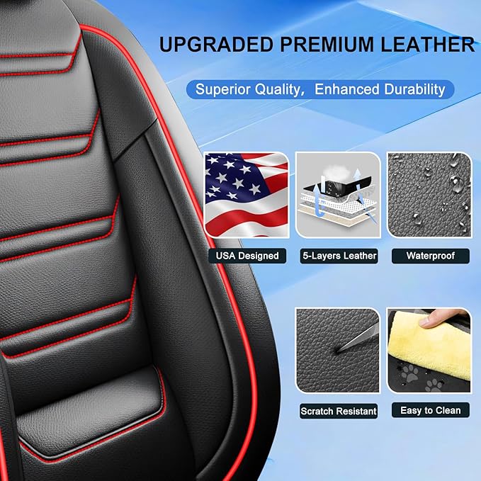 Fit Ridgeline Car Seat Covers (Front Pair) for Select Honda Ridgeline 2007-2025 2026 - Premium Full Coverage Leather, Waterproof & All Weather Seat Cushion Protector, Black with Red Trim