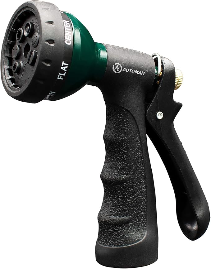 AUTOMAN-Garden-Hose-Nozzle, Metal Water Spray Nozzle with Heavy Duty 7 Adjustable Watering Patterns,Slip Resistant for Watering Plants,Lawn& Garden,Washing Cars,Cleaning,Showering Pets & Outdoor Fun.