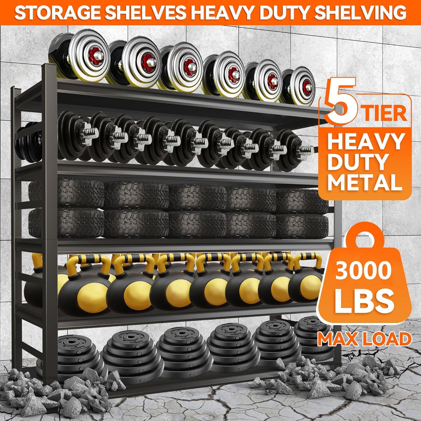 Adjustable 5-Tier Garage Shelving, Heavy Duty Steel Storage Rack, High Load Capacity, Ideal for Garage, Warehouse, or Home Organization (with Fences, 32" W*15.7" D*63" H)