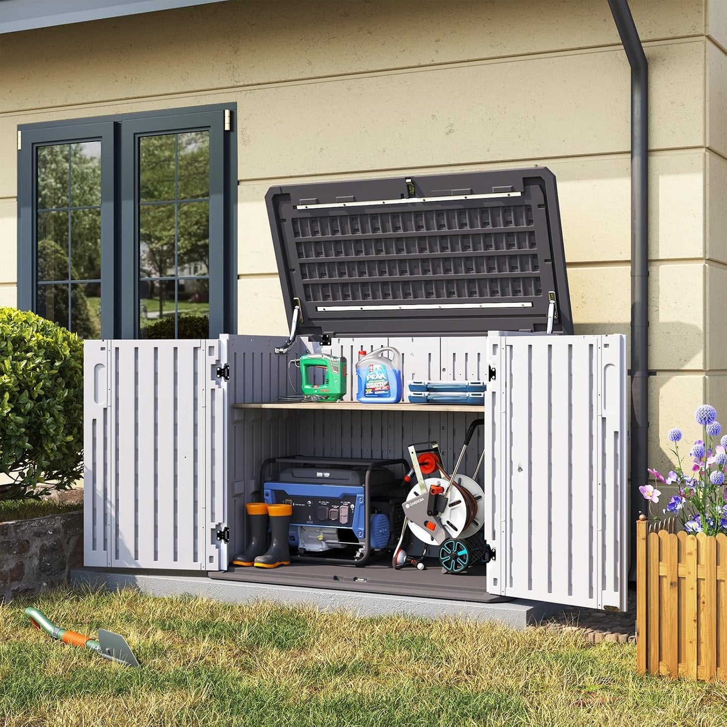 Aoxun Outdoor Storage Cabinet 35 Cu.Ft Outdoor Trash Can Storage Shed Waterproof Horizontal Storage Shed Outdoor Storage for Garbage Bin, Generator, and Lawn Mower (White)