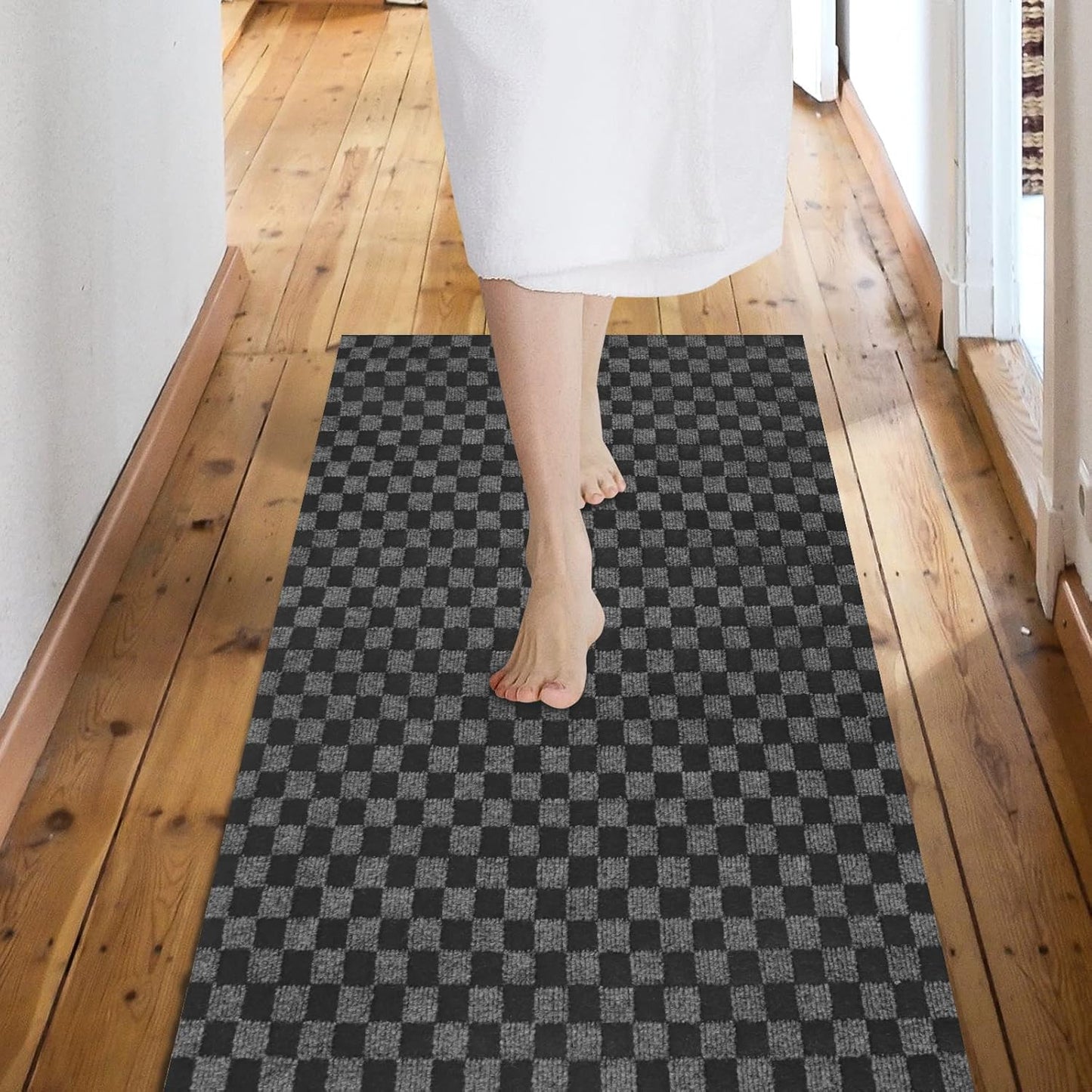 Custom Size Backed Non-Slip Area Rugs Runner, Easy Clean, Waterproof Runner Rugs for Hallway Entryway, Kitchen, Laundry, 2FT x 64FT, Gray Checkered