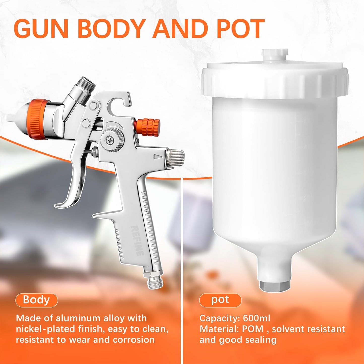 REFINE Spray Gun Kit, Auto Paint Gun with 1.4/1.7/2.0mm Nozzle Sets, 600cc Cup, Professional Automotive Air Spray Gun with Air Regulator for Cars, House ＆ DIY Painting