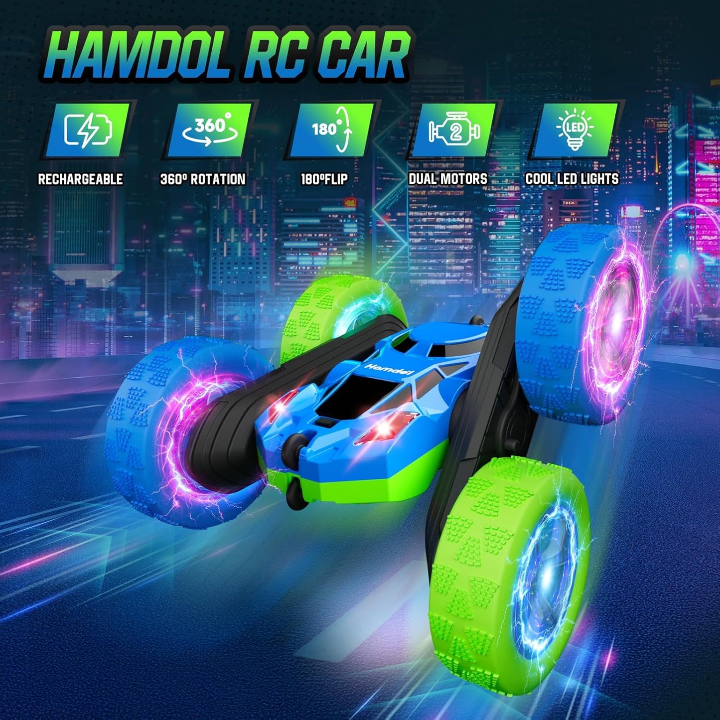 Remote Control Car for Kids RC Stunt Cars with Cool Wheel Lights 360° Rotating Boys Toys for Ages 6 7 8 9 10-12 Kids Gift Ideal(Blue&Green)