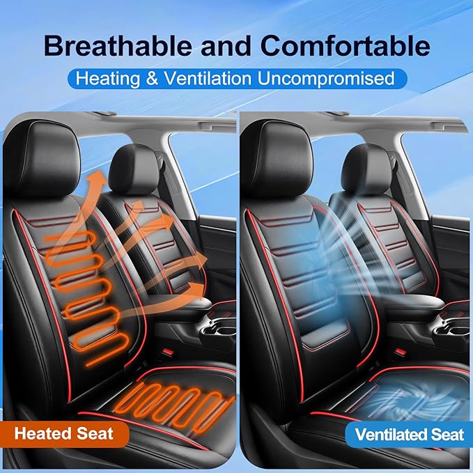 Fit Equinox Car Seat Covers (Front Pair) for Select Chevrolet/Chevy Equinox 2007-2026 - Premium Full Coverage Leather, Airbag Compatible, Waterproof All Weather Seat Protector, Red Trim