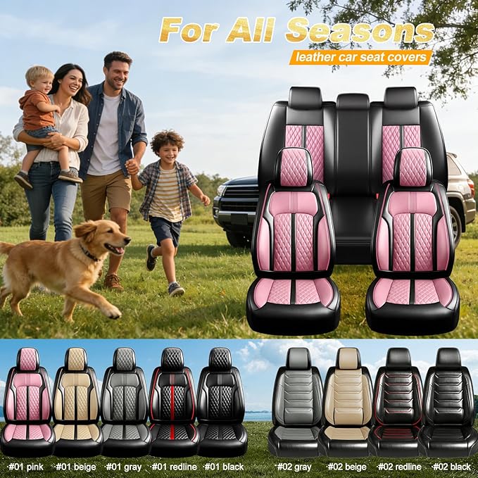 Fit Tahoe Car Seat Covers for Select Chevrolet/Chevy Tahoe 2000-2025 2026 - Full Coverage Leather, Waterproof & All Weather Seat Cushion Protector, Front Pair Black+Pink
