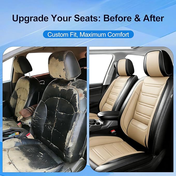 Fit Mazda 3 Car Seat Covers for Select Mazda 3 2010-2019 - Full Coverage Leather, Airbag Compatible, Waterproof & All Weather Seat Cushion Protector, Full Set, Black+Beige