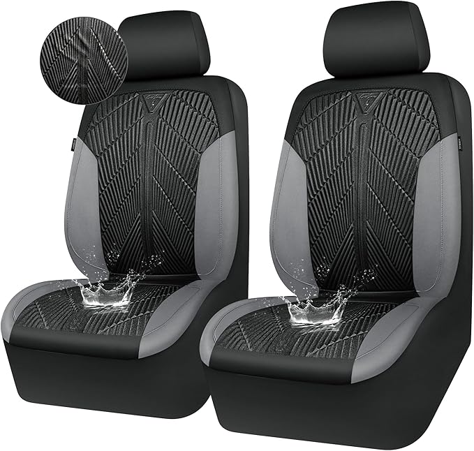 CAR PASS Waterproof Black Gray Car Seat Covers Front Seat Covers Neoprene Wetsuit,All-Weather Non-Slip Durable,Universal Fit for SUV Sedans Trucks Van Automotive,Airbag Compatible,3D Emboss Black Gray