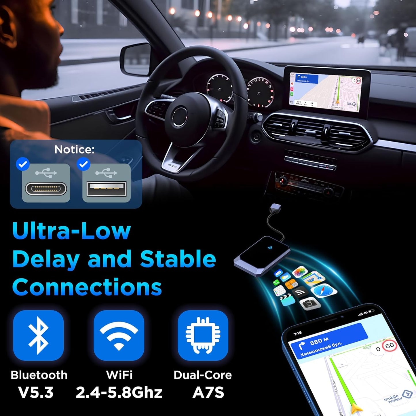 Android Auto Wireless Adapter for Factory Wired Android Auto - Instant Connection, Converts Wired to Wireless, Compatible with Android 10+ & Cars from 2015