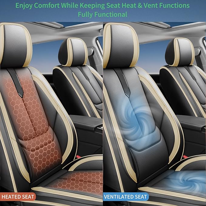 Fit Ridgeline Car Seat Covers for Honda Ridgeline 2007-2025 2026-Upgraded Premium Waterproof & Breathable Leather,Airbag Compatible,All-Weather Seat Cushion Protector,Full Set,Black-Beige