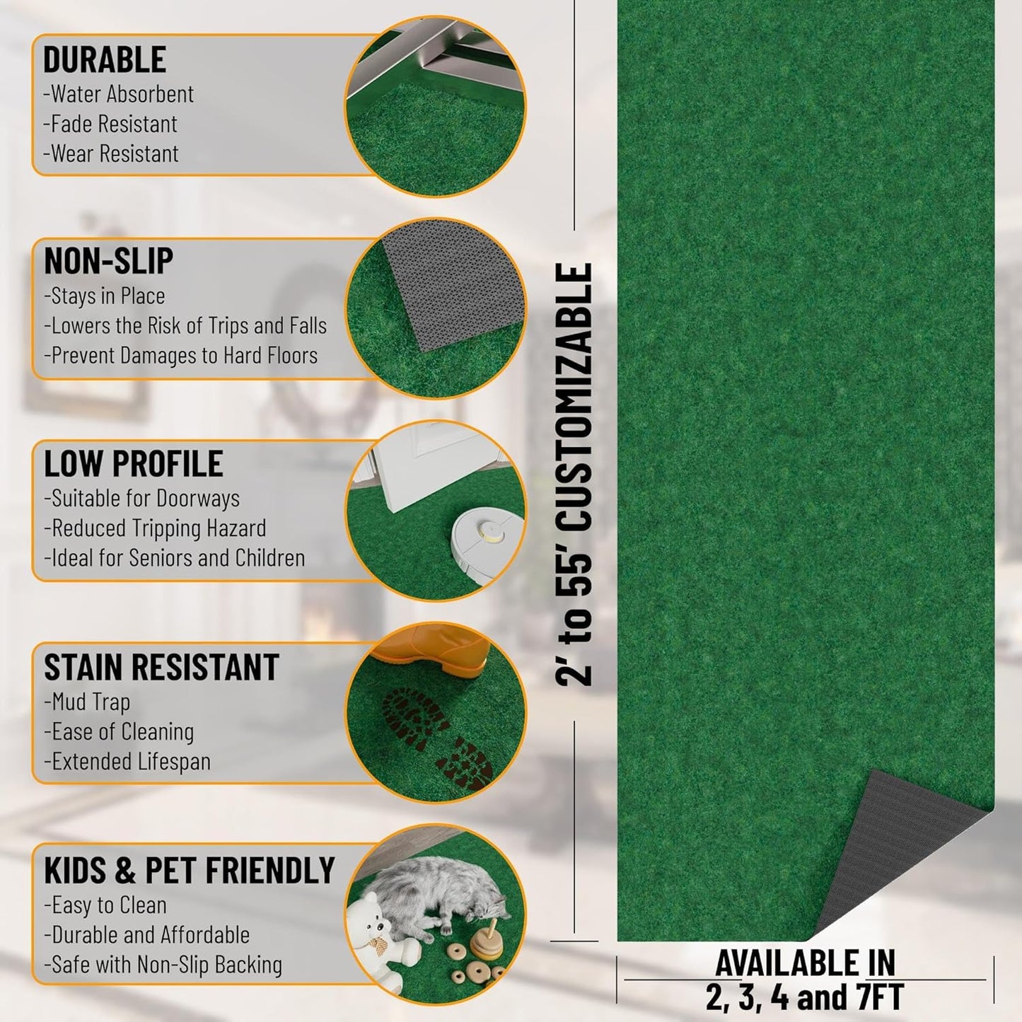 Ottomanson 2' x 14' Hallway Runner with Scraper Pile Extra Durable Non-Slip Rug Mat for Indoor & Outdoor Use - Ideal for Kitchen, Entryway, Patio & Garage - High-Traffic Carpet, Green