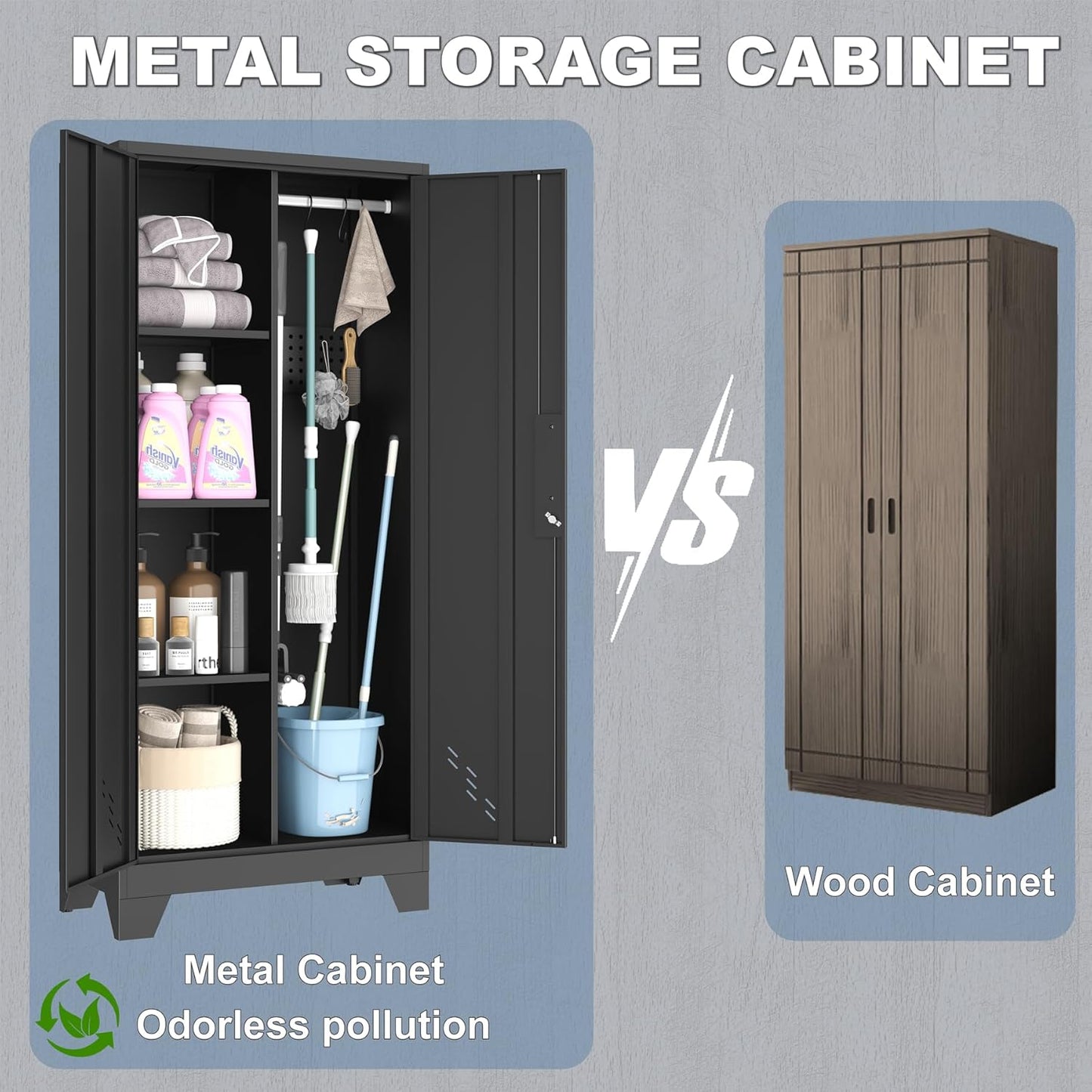Metal Storage Cabinet,61" Tall Storage Cabinet,Utility Cabinet for Brooms and Mops,Laundry Room Cabinets,Tool Lockable Organization,Black