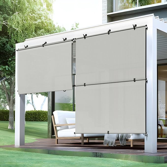 Bynbbur 5'W x 6.5'H Outdoor Patio Shades Foldable Roller Blinds, 220 GSM Sun Shade Roll Up Porch Screens Exterior Shade Cloth for Deck Pergola Backyard, Light Gray