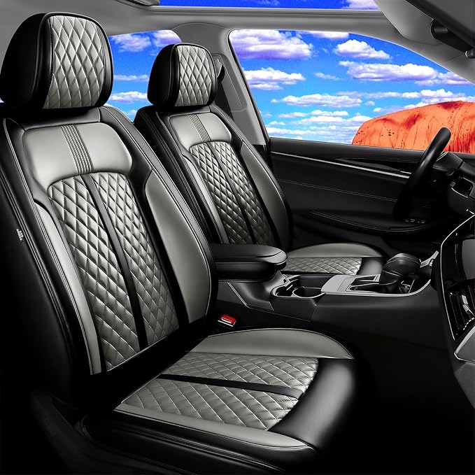 Fit Malibu Car Seat Covers for Chevrolet/Chevy Malibu 2009-2025, Full Coverage Leather, Airbag Compatible, Waterproof All Weather Breathable Seat Cushion Protector, Full Set, Black+Gray