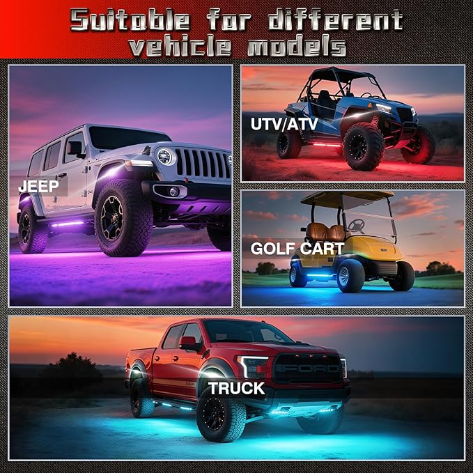 6 Pods Alloy RGBW Rock Lights，LED Upgraded RGB Underglow Lights for ATV UTV Golf Cart Truck RZR SXS Offroad Jeeps, Waterproof Metal Multicolor Neon Underglow Kit with APP/RF Remote Music Mode,12V