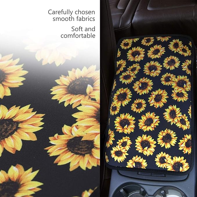 JoyLamoria Sunflower Print Universal Car Center Console Armrest Cover Waterproof Auto Arm Rest Cushion Pads Armrest Protector Car Interior Accessories