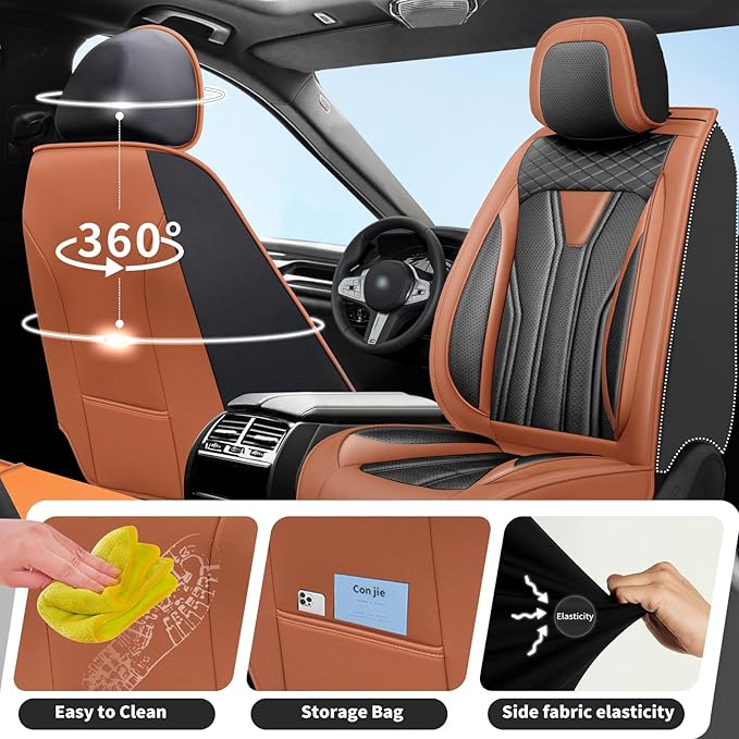 Fit Versa Car Seat Covers Compatible with Nissan Versa 2008-2025 2026 - Full Set Premium Leather， Waterproof Breathable， All-Weather Seat Cushion Protecto&Airbag Compatible（Brown & Black