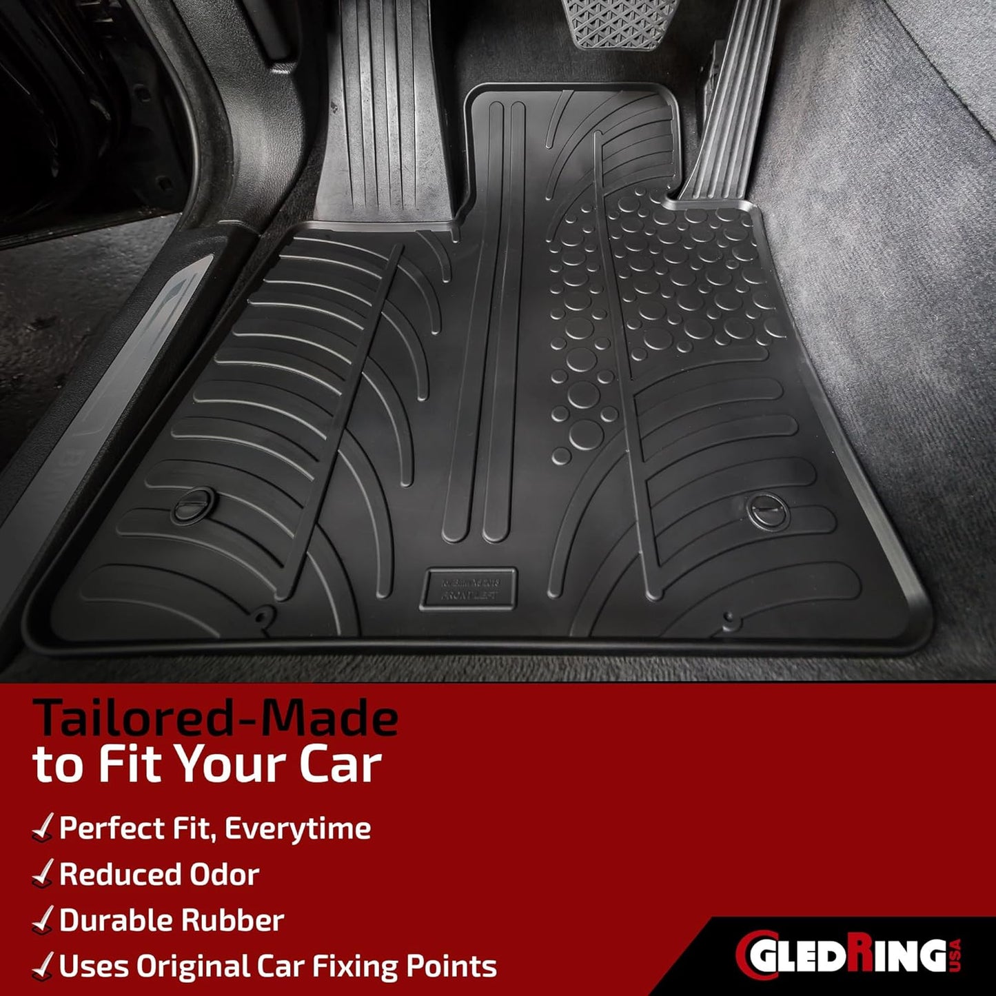 Gledring USA Custom Fit All-Weather Rubber Floor mats Compatible with Mercedes Benz E-Class Sedan (W210) 1995-2003, No Trimming Required, Tailored Custom Fit, Protects from Rain, Mud and Snow.