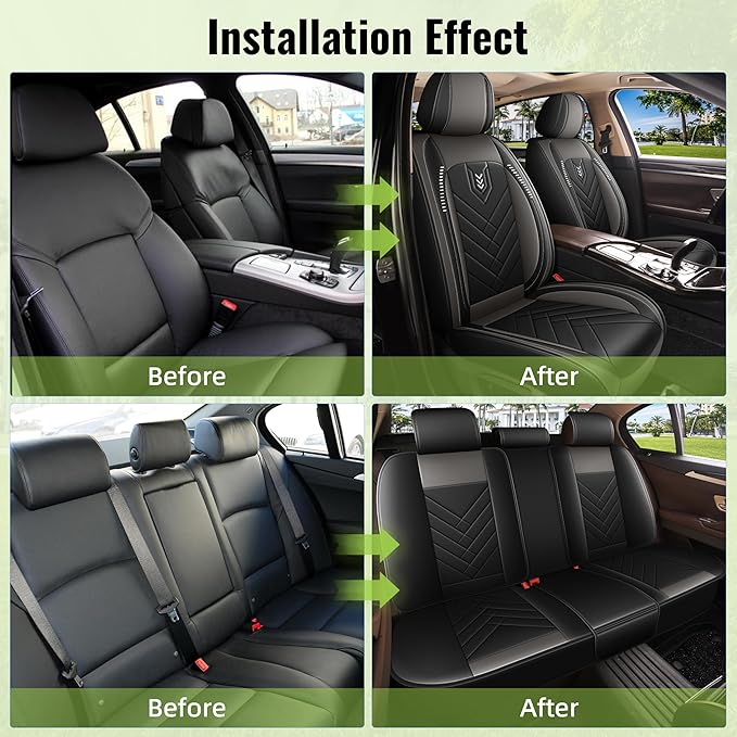 AOMSAZTO Car Seat Covers Full Set Fit for Nissan Kicks 2018-2025 2026 Waterproof Faux Leather Car Seat Cushions Automotive 5 Seat Covers Set（Black&Grey）