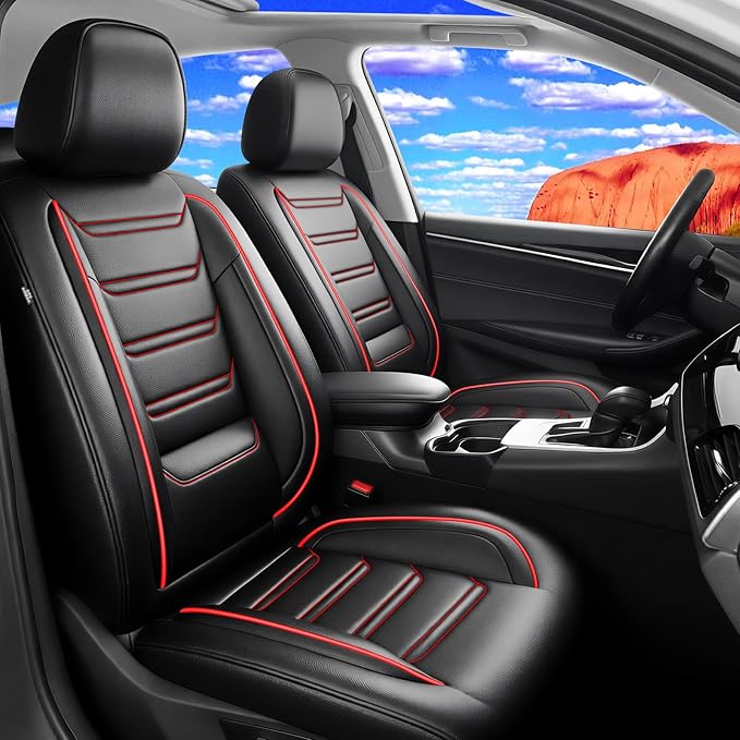 Fit Insight Car Seat Covers (Front Pair) for Select Honda Insight 2010-2022 - Premium Leather, Airbag Compatible & Scratch-Resistant, Waterproof & All Weather Seat Protector, Red Trim