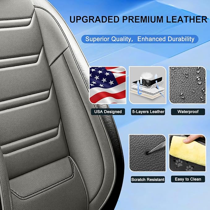 Fit Colorado Car Seat Covers for Select Chevy/Chevrolet Colorado 2015-2026, Premium Full Coverage Leather, Waterproof All Weather Breathable Seat Cushion Protector, Full Set, Black+Gray