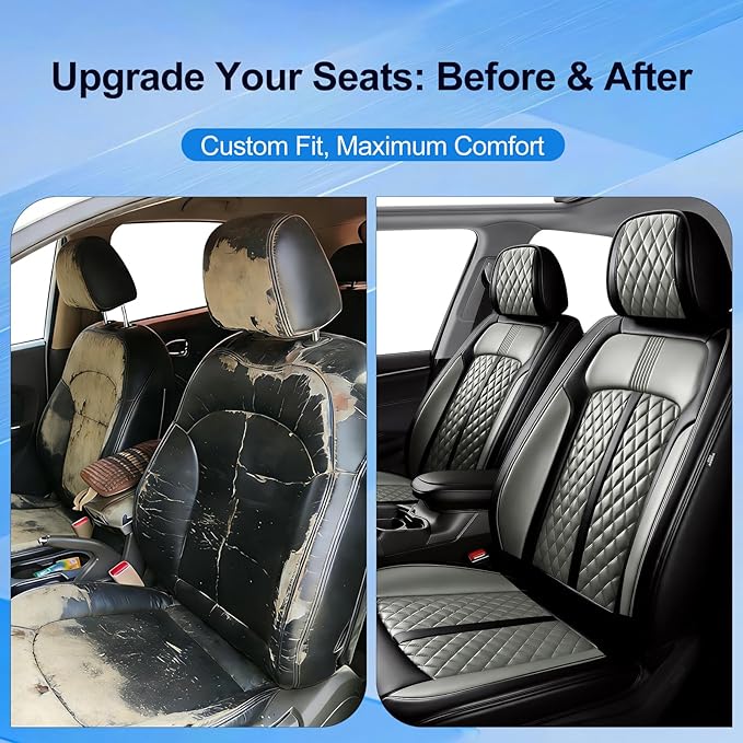 Fit Malibu Car Seat Covers for Chevrolet/Chevy Malibu 2009-2025, Full Coverage Leather, Airbag Compatible, Waterproof All Weather Breathable Seat Cushion Protector, Front Pair Black+Gray