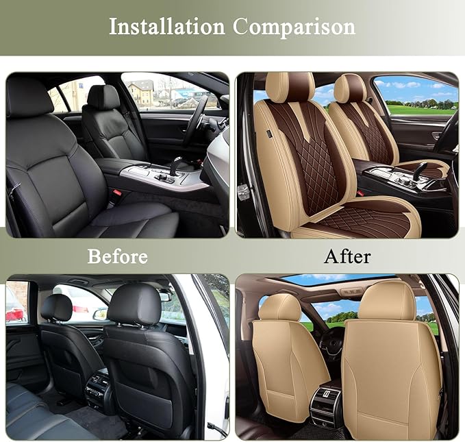 Breathable Car Seat Covers for Nissan Rogue 2010-2023 2025 2026, Front Seats, Perforated Leather, Seat Protector, Interior Trim for Nissan Rogue Accessories (Beige&Brown)