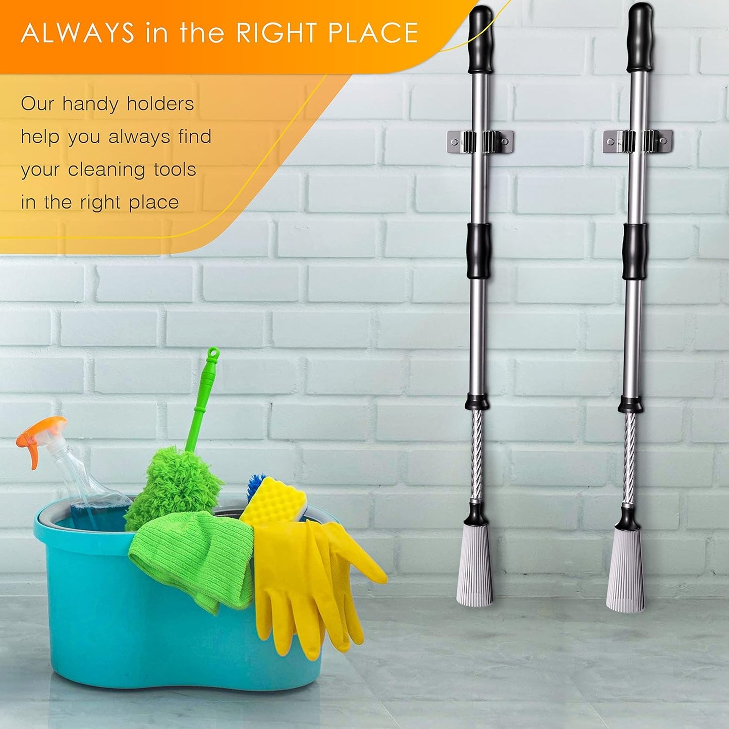 Self Adhesive Broom and Mop Holder Wall Mounted – SUS304 Stainless Steel 2-Slot Organizer with Anti-Slip Rubber Grips, 25lb Load, Adjustable for 0.6–1.4" Handles, Garage Kitchen Bathroom Use, 2 Pcs