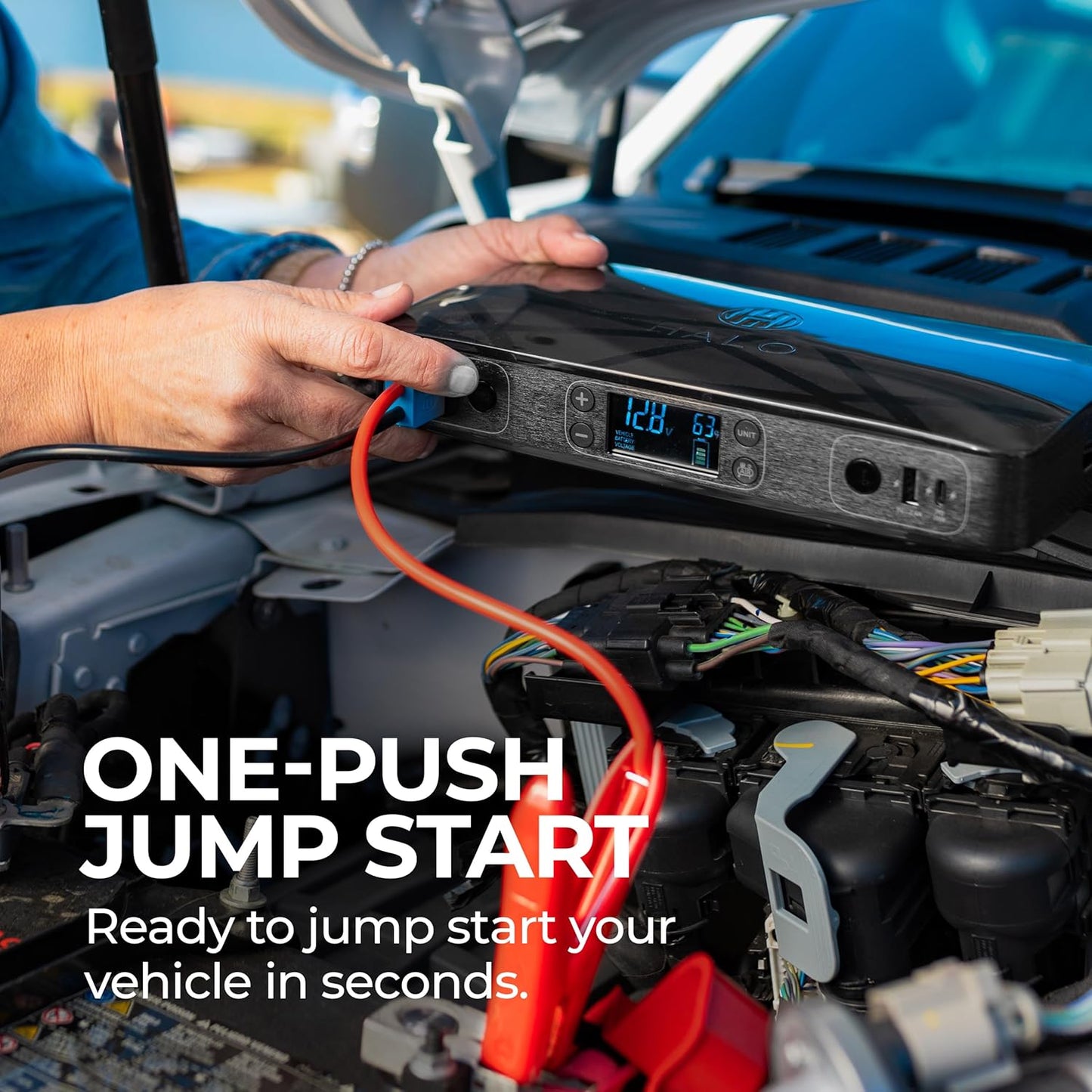 HALO Bolt Ultimate 2 Portable Car Battery Jump Starter | 130 PSI Air Compressor, 55.5Wh USB Power Bank with AC Outlet, Emergency Floodlight & Charger, Jumps Cars SUVs & Trucks, Inflates Tires — Gray