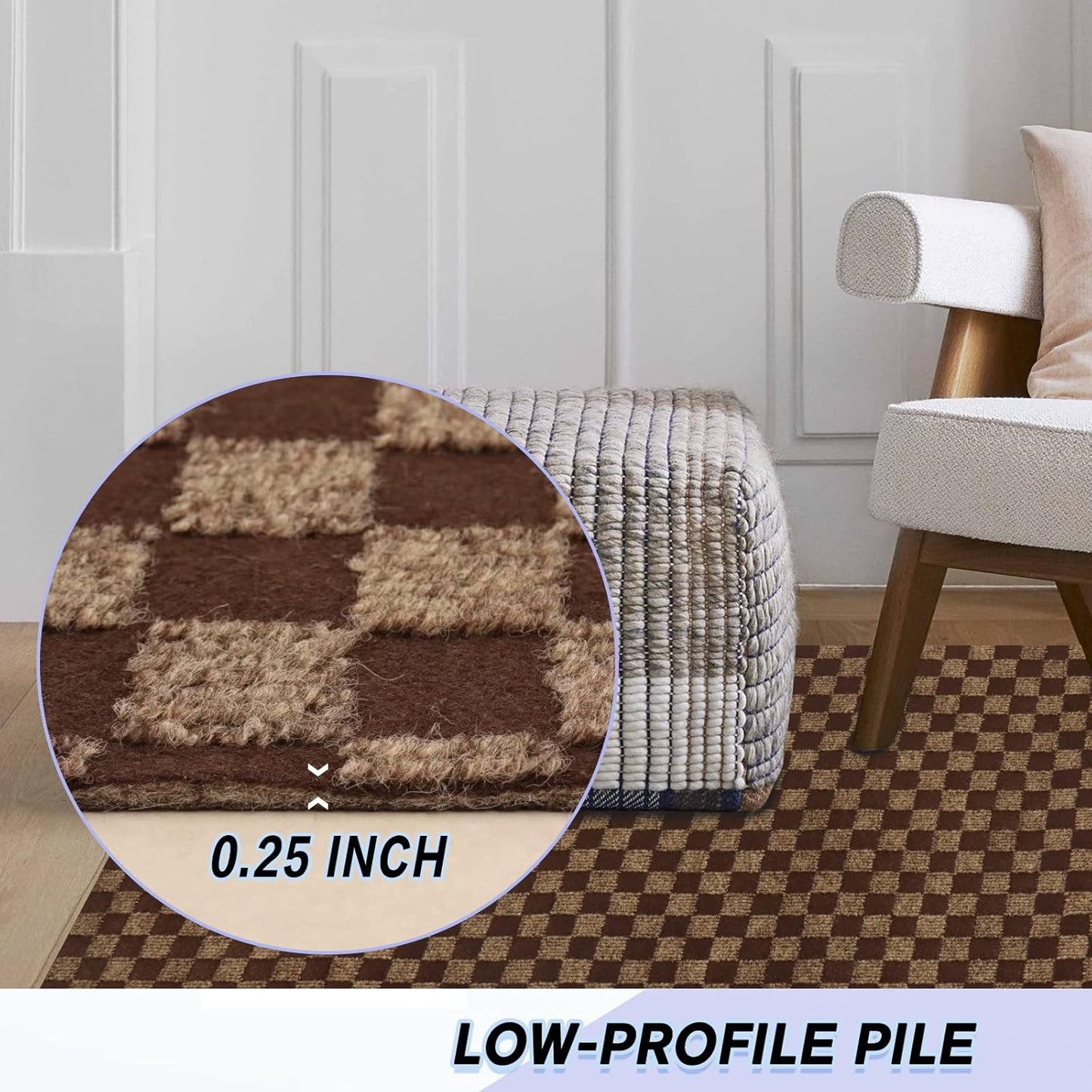 Custom Size Backed Non-Slip Area Rugs Runner, Easy Clean, Waterproof Runner Rugs for Hallway Entryway, Kitchen, Laundry, 4FT x 28FT, Brown Checkered