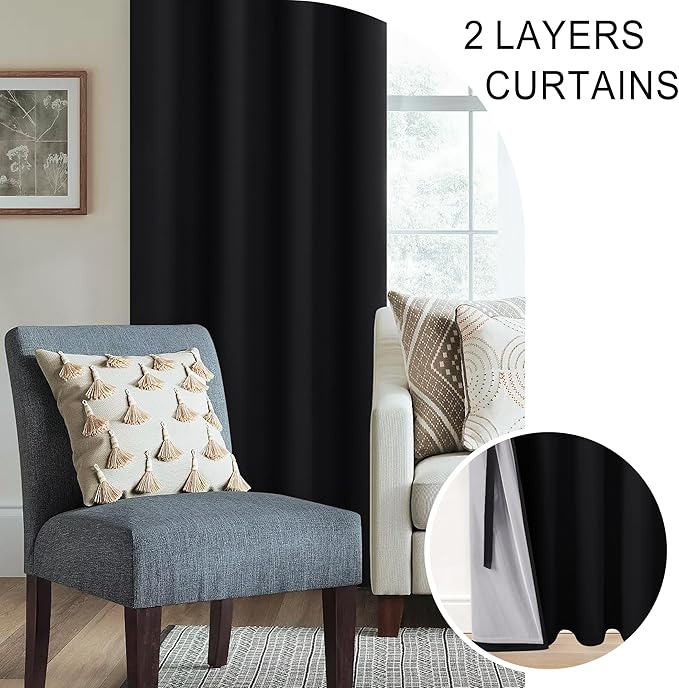 XWZO Black Blackout Curtains 2 Panels with Tiebacks- Heat and Full Light Blocking Window Panels with Grommets for Bedroom/Basement, 54 Inches Long Thermal Insulated Draperies, W38 x L54, Set of 2