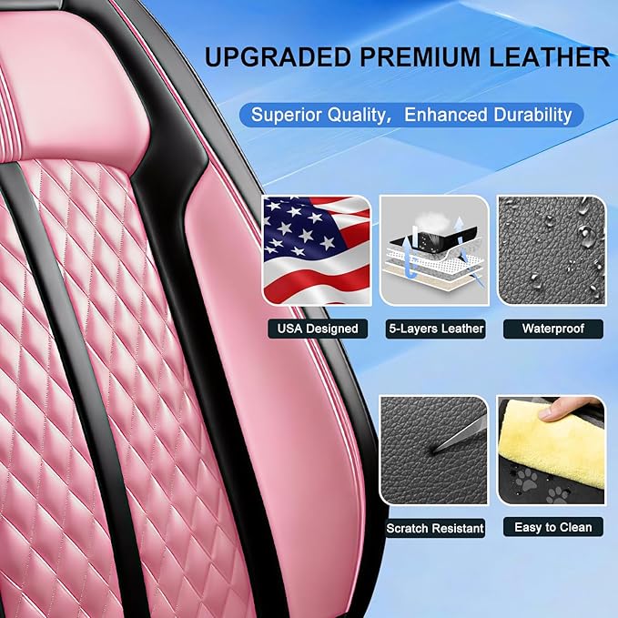 Fit Impala Car Seat Covers for Chevrolet/Chevy Impala 2000-2020, Premium Full Coverage Leather, Airbag Compatible, Waterproof All Weather Breathable Seat Protector, Full Set, Black+Pink