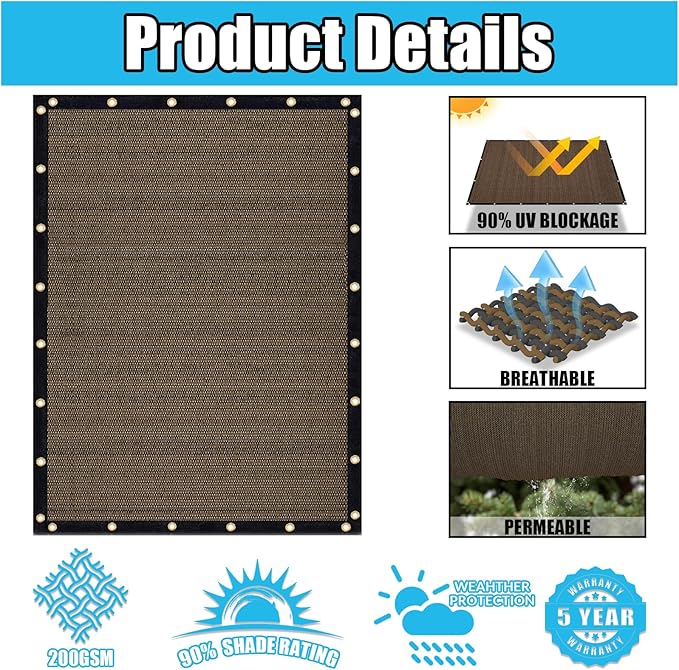 Amagenix 90% Shade Fabric 10'X 24' Mocha Sun Shade Cloth with Grommets for Pergola Replacement Shade Cover Canopy, Heavy Duty, Cable Zip Ties Included (We Customized)