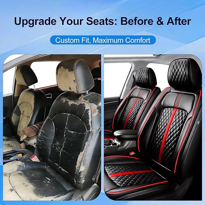 Fit Mazda 6 Car Seat Covers for Select Mazda 6 2007-2021 - Premium Full Coverage Leather, Airbag Compatible, Luxury Waterproof All Weather Breathable Seat Cushion Protector, Full Set, Red Trim